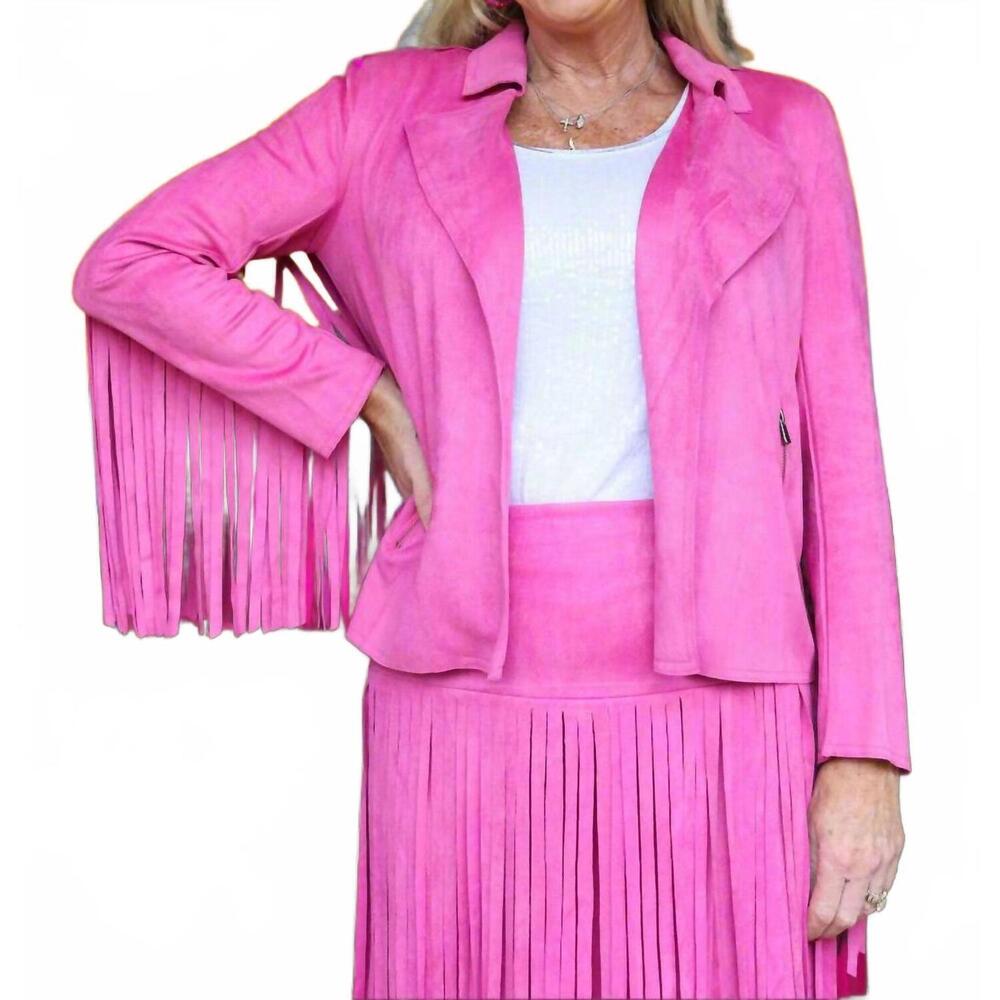 NEW WAY suede fringe jacket in hot pink